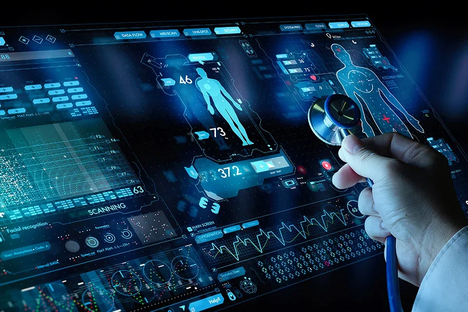 Stethoscope on digital screen with medical information