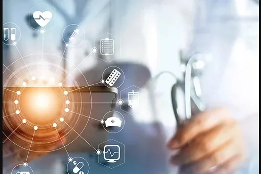 Stylized image of clinician holding stethoscope and grid of medical informatics tools.