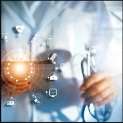 Stylized image of clinician holding stethoscope and grid of medical informatics tools.