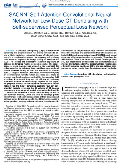 Thumbnail of paper - SACNN: Self-Attention Convolutional Neural Network for Low-Dose CT Denoising with Self-supervised Perceptual Loss Network